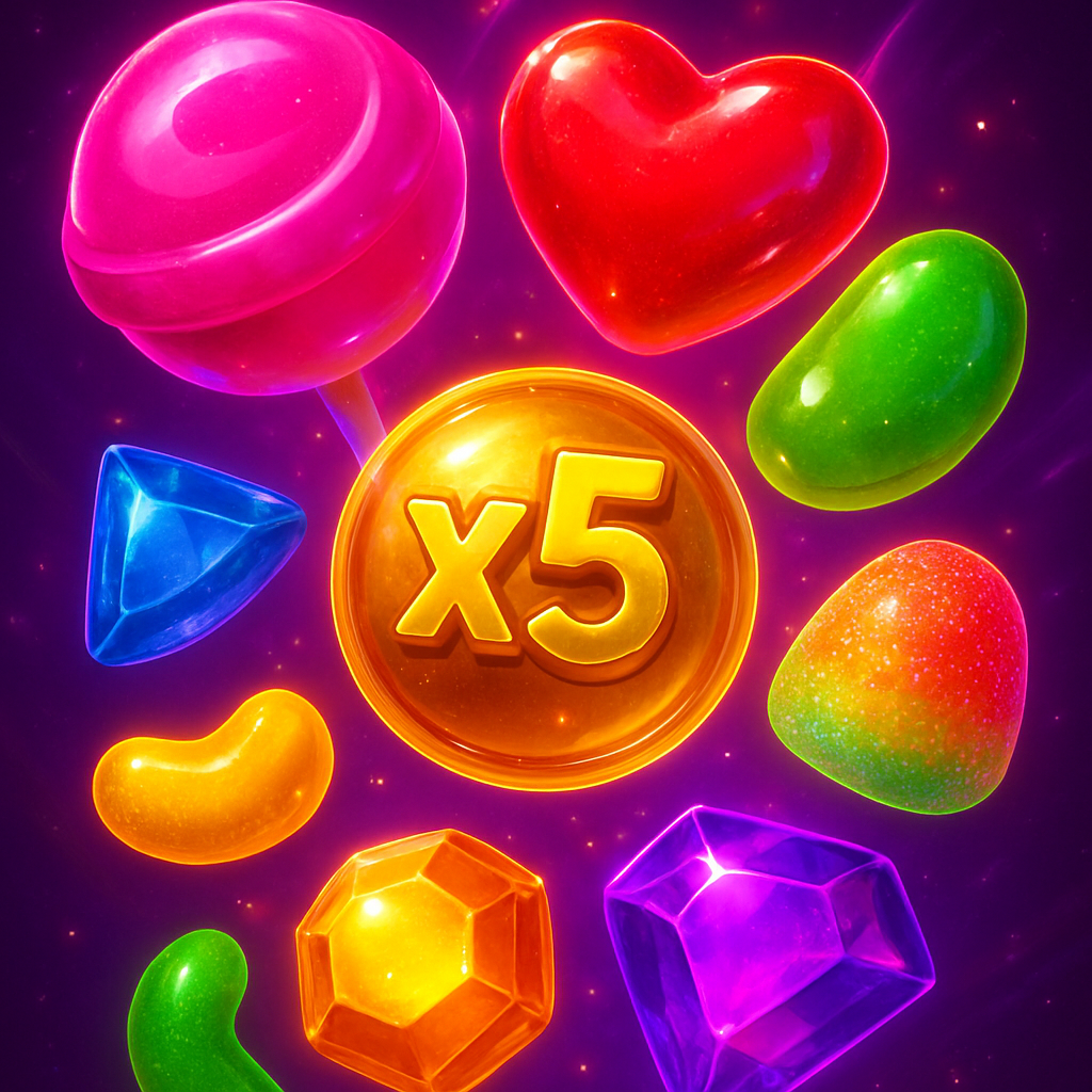 Slot game key art with glowing candy and gem symbols