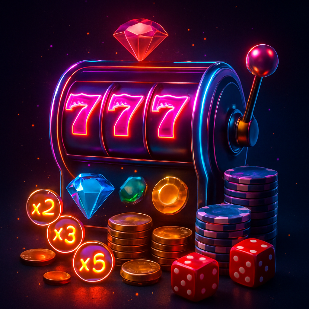 Casino slot game art with reels, gems, dice and poker chips